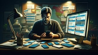 Hacker, který má stole spoustu mobilních telefonů.