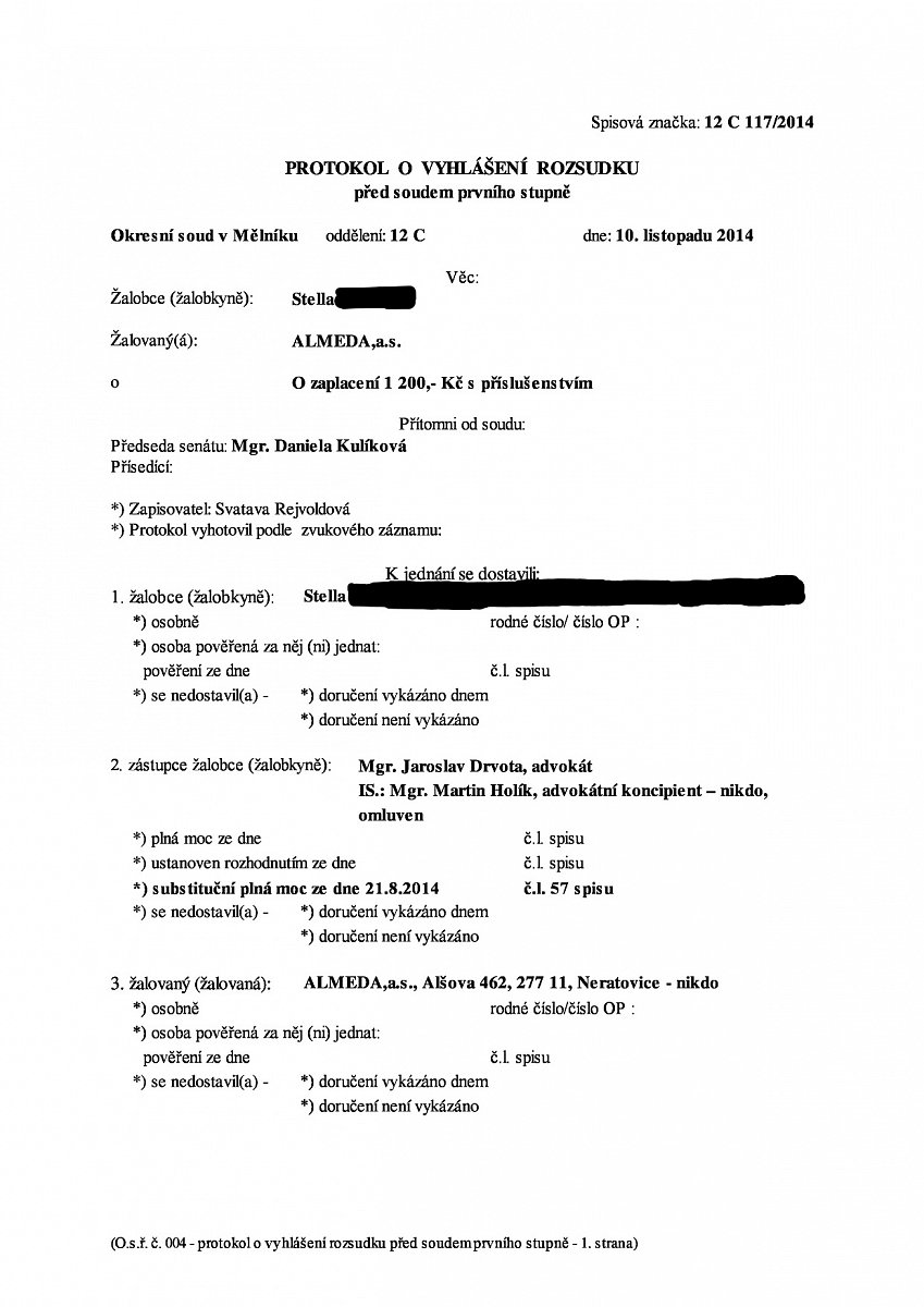 Soudkyně nařídila nemocnici poplatky vrátit a zamítla nárok  na úroky z prodlení