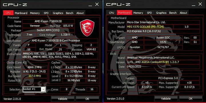 AMD Ryzen 7 5800X3D přetaktovaný na BCLK 107 MHz na desce MSI MEG X570 Godlike