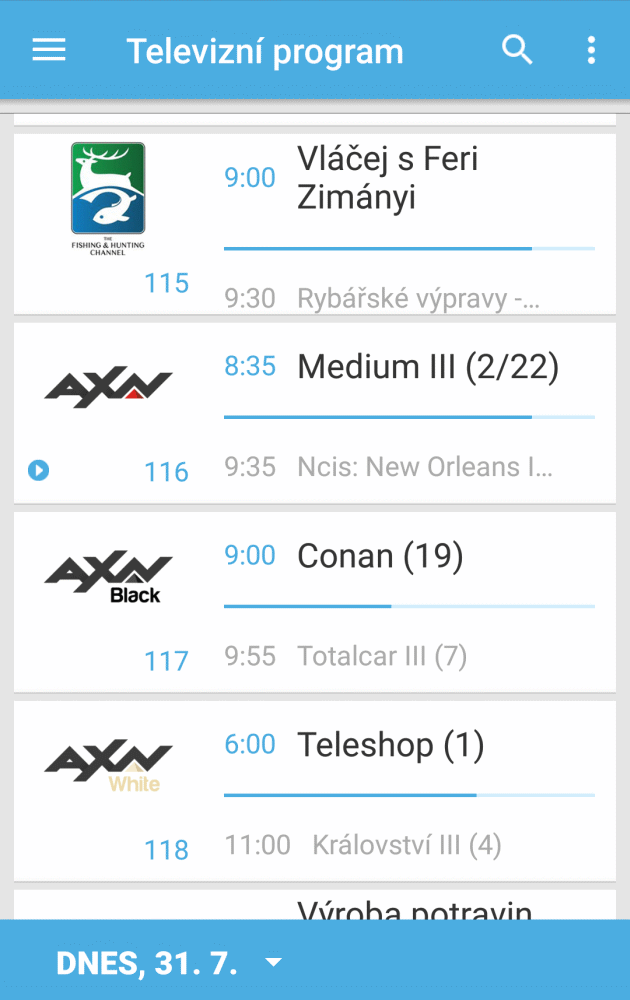 Takto dnes dopoledne vypadala nabídka 02 TV s kanály AXN. Na třetím snímku vidíte, že jsou k dispozici i při zadání datumu 1. srpna. Úprava se tedy zjevně chystá.