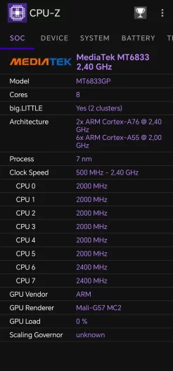 Informace o procesoru Honoru 200 Lite z CPU-Z