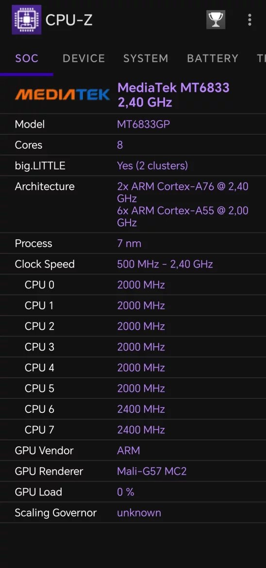 Informace o procesoru Honoru 200 Lite z CPU-Z