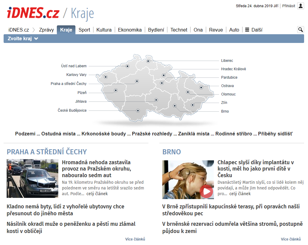 Dosavadní podoba stránky s krajským zpravodajstvím iDNES.cz