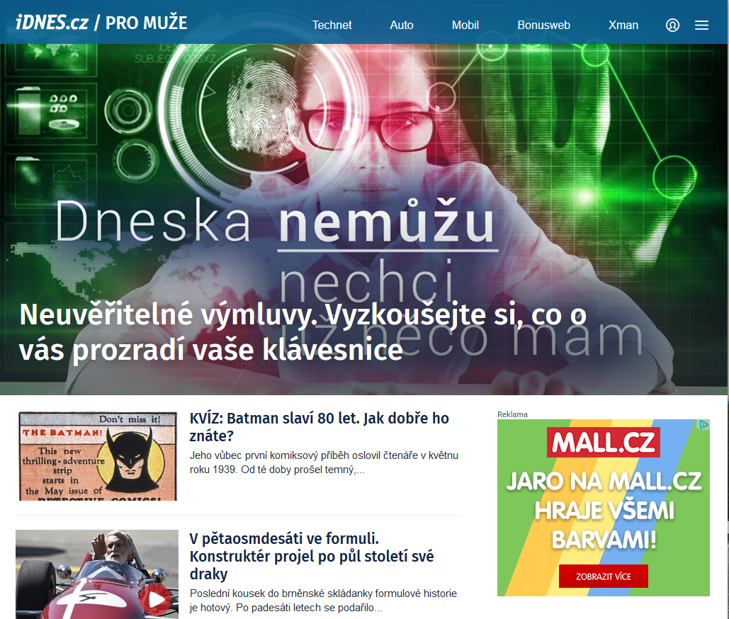 Nová hlavní stránka s rozcestníkem obsahu pro muže na iDNES.cz