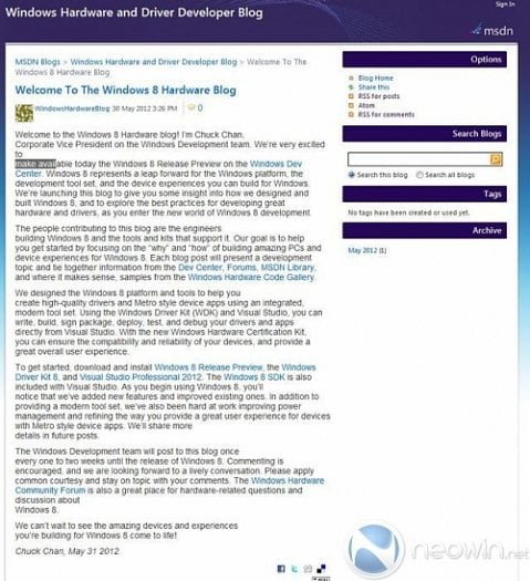 Původní příspěvek oznamující dostupnost Windows 8 RP; Zdroj: Neowin