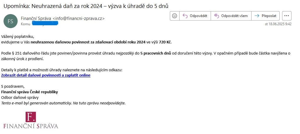 Autor: Generální finanční ředitelství Ukázka podvodného e-mailu, který se vydává za Finanční správu