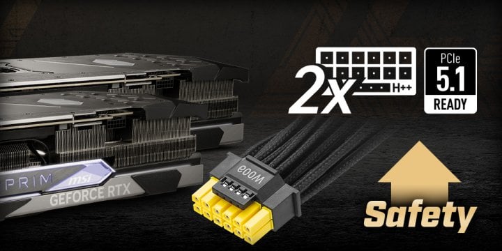 Žluté 12V-2x6 konektory MSI bránící nedostatečnému zasunutí kabelu