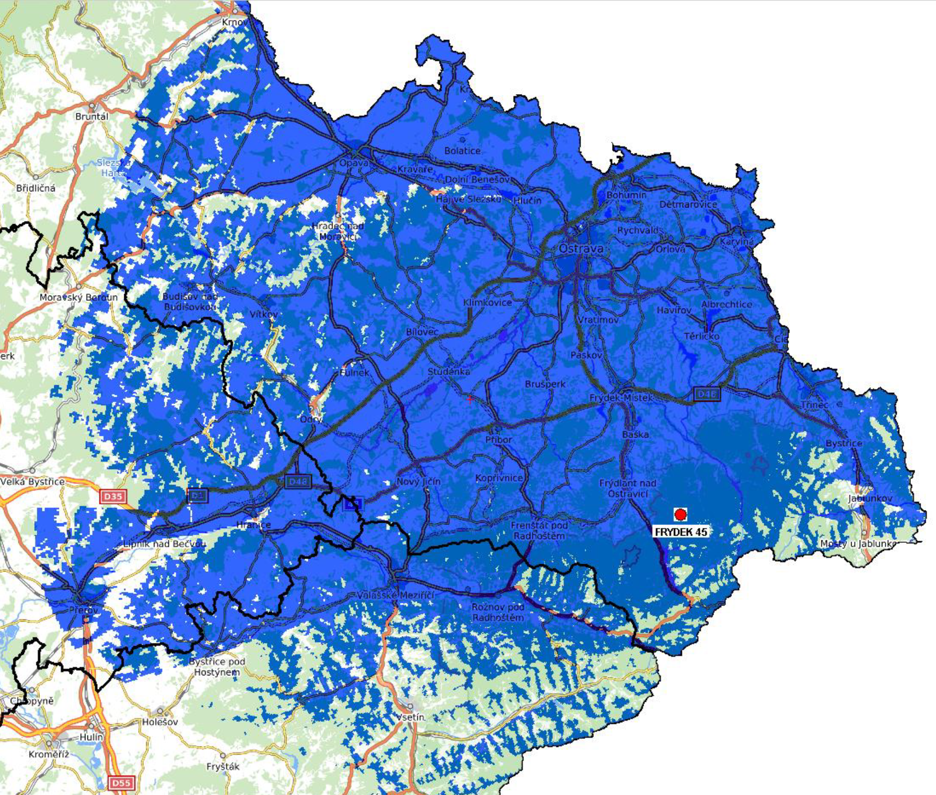 Mapa pokrytí: Multiplex 24 z vysílače Lysá hora