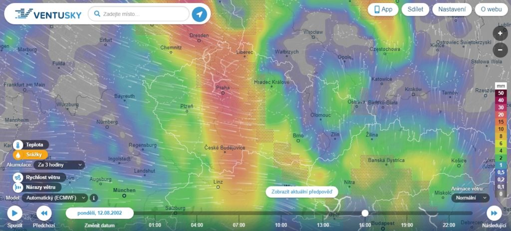 Takto zachytila aplikace Ventusky povodně ze srpna 2002
