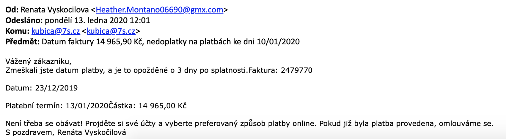 Hlavička a tělo podvodného e-mailu (13. 1. 2020)
