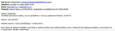 Hlavička a tělo podvodného e-mailu (13. 1. 2020)