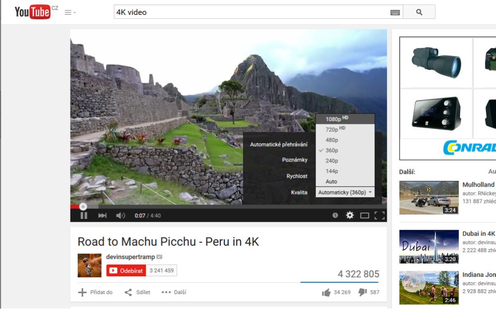 Druhý dokument který jsem si opakovaně pouštěl, je Road to Machu Picchu. Ten se ale jen tváří jako 4K. Ve skutečnosti, jak vidíte z obrazovky sejmuté z počítače, nabízí maximálně Full HD. Díky tomu jsem alespoň mohl vyzkoušet převod přímo v televizoru a LG v tomto případě rozhodně zaválelo!