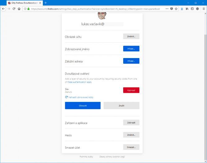 Dvoufázové přihlášení je aktivní. Ve správě účtu můžete získat nové záložní kódy