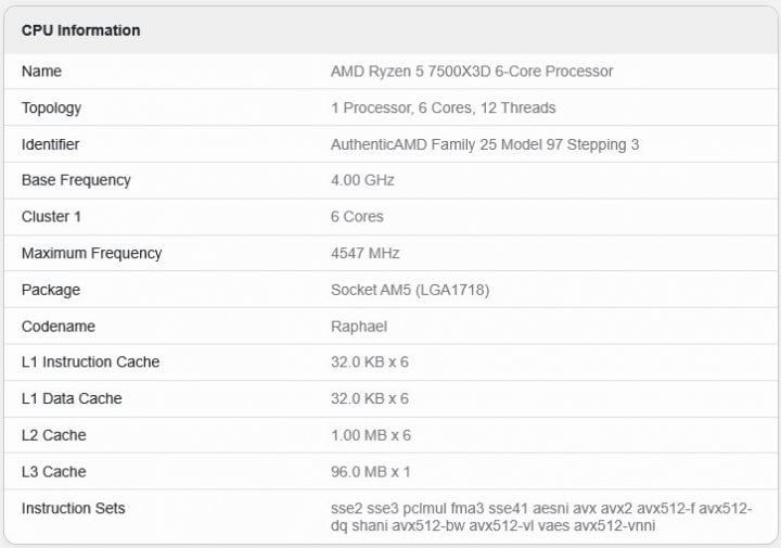 Autor: Geekbench browser AMD Ryzen 5 7500X3D v databázi Geekbench