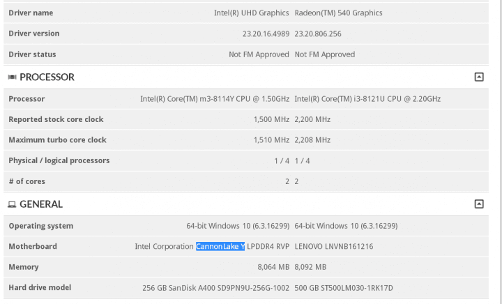 Únik 10nm mobilního CannonLake v databázi 3DMarku (Zdroj: Tum Apisak)