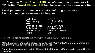 Textová informace, která se objevila na původní pozici stanice Travel Channel HD v satelitní službě Skylink. Obrázek lze zvětšit