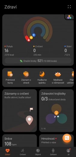 Hlavní karta aplikace Huawei Zdraví