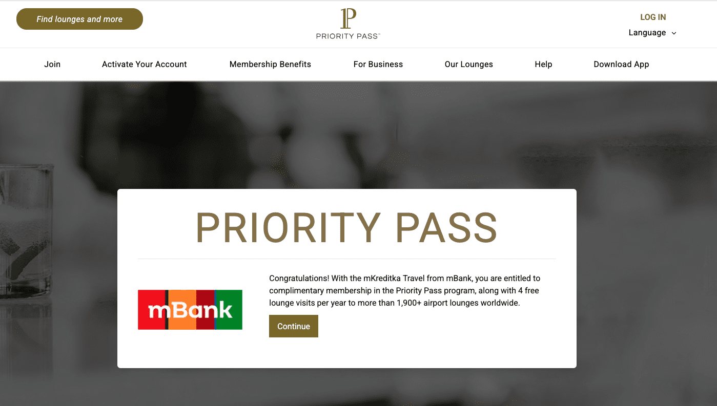 Hlavní webová stránka Priority Pass pro klienty mBank se soukromou kreditní kartou. (08.07.2026)