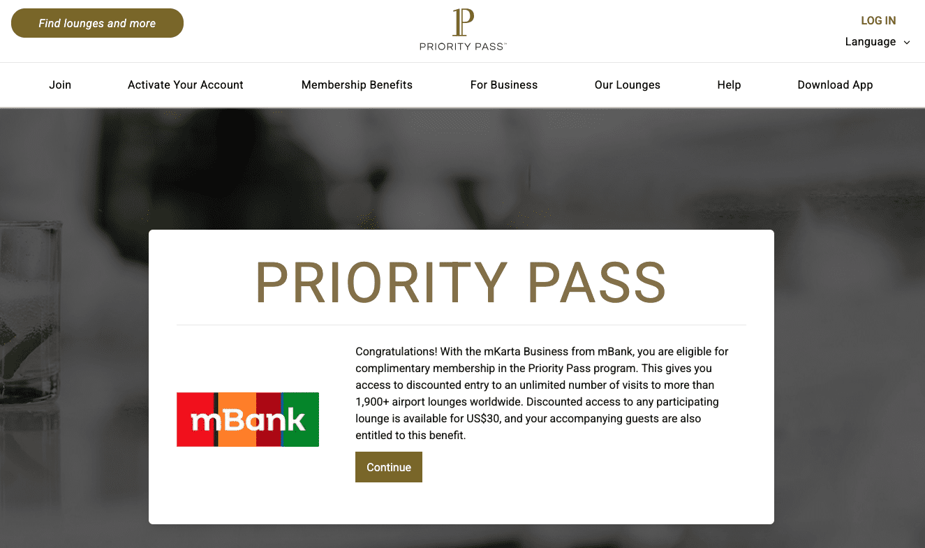 Hlavní webová stránka Priority Pass pro klienty mBank s firemní debetní kartou. (08.07.2026)