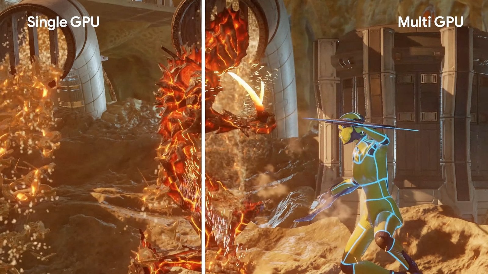 Stadia umí k vykreslování využít více grafických procesorů najednou, tady je vidět rozdíl v simulaci kapalin.