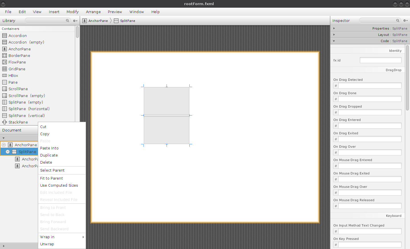 Kořenový widget formuláře, základní rozdělení