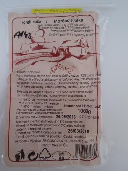 AHOLD, Praha 7: Krůtí rolka - výrobek měl po rozmražení netypickou a cizí vůni, mírně po kažení. Po tepelné úpravě byla vůně cizí a po amoniaku. Potravina neměla prošlé datum minimální trvanlivosti. Výrobce: FRIGONOVA, Mikulov