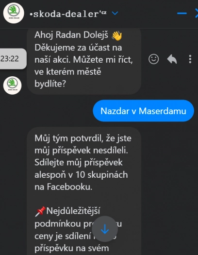 Ukázka automatické konverzace v probíhajícím podvodu