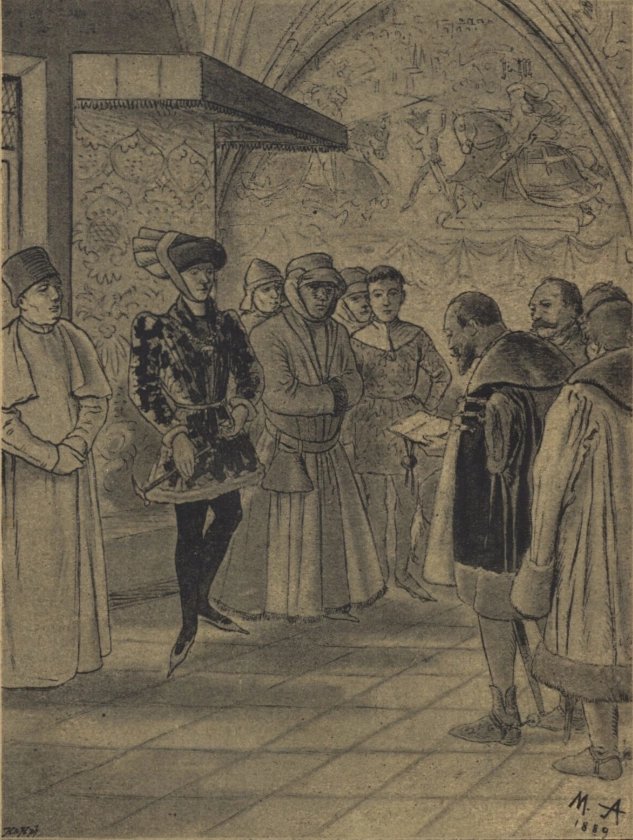 Mikoláš Aleš: Čechové u Filipa Dobrého (A. Jirásek: Z Čech až na konec světa, 1890)