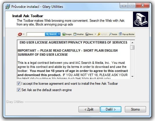 <p>Během instalace je vám podstrčen toolbar Ask, takže pokud si jej nepřejete, určitě zrušte jeho označení</p>