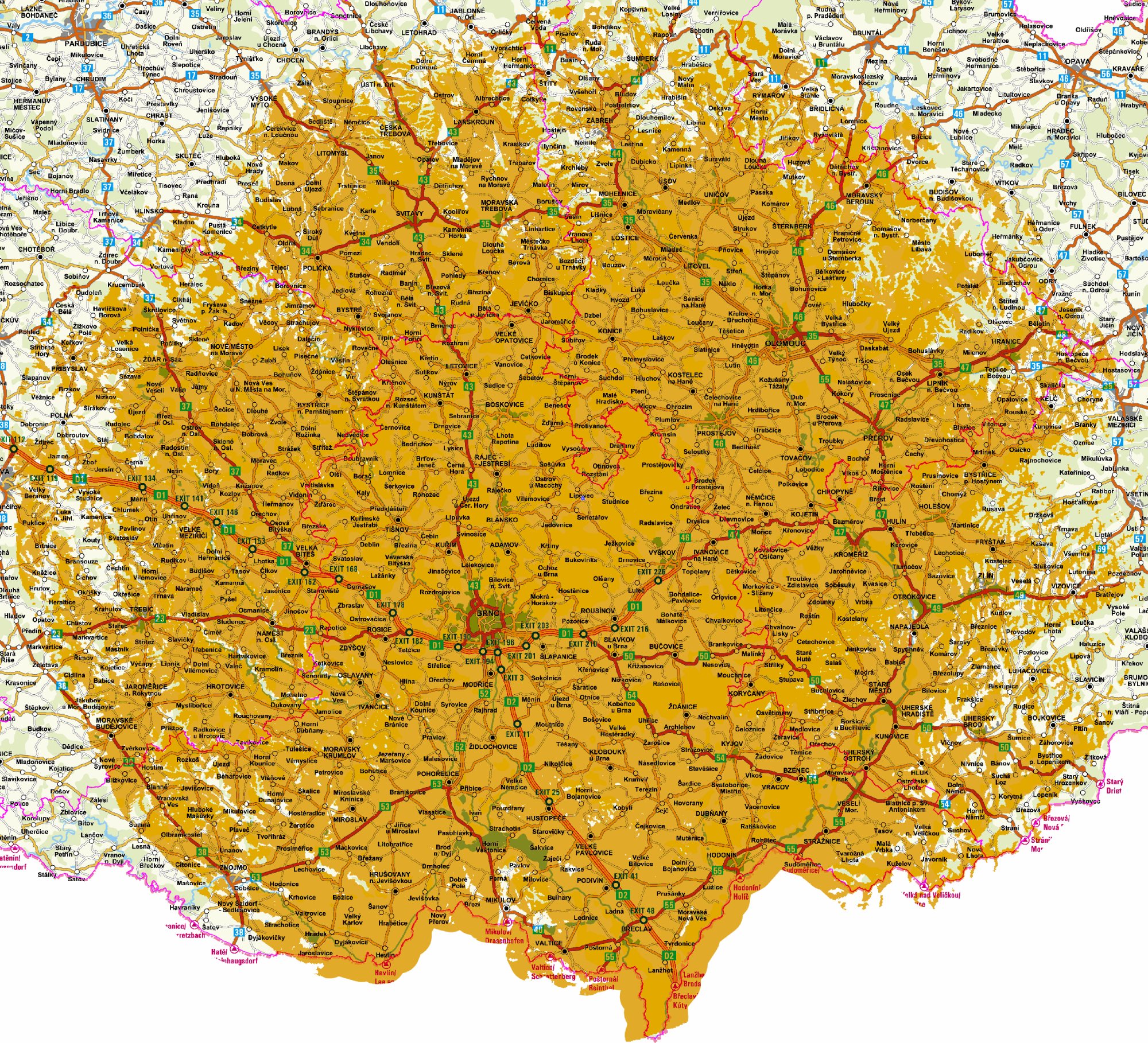 Orientační pokrytí území televizním signálem z vysílače Brno-Kojál