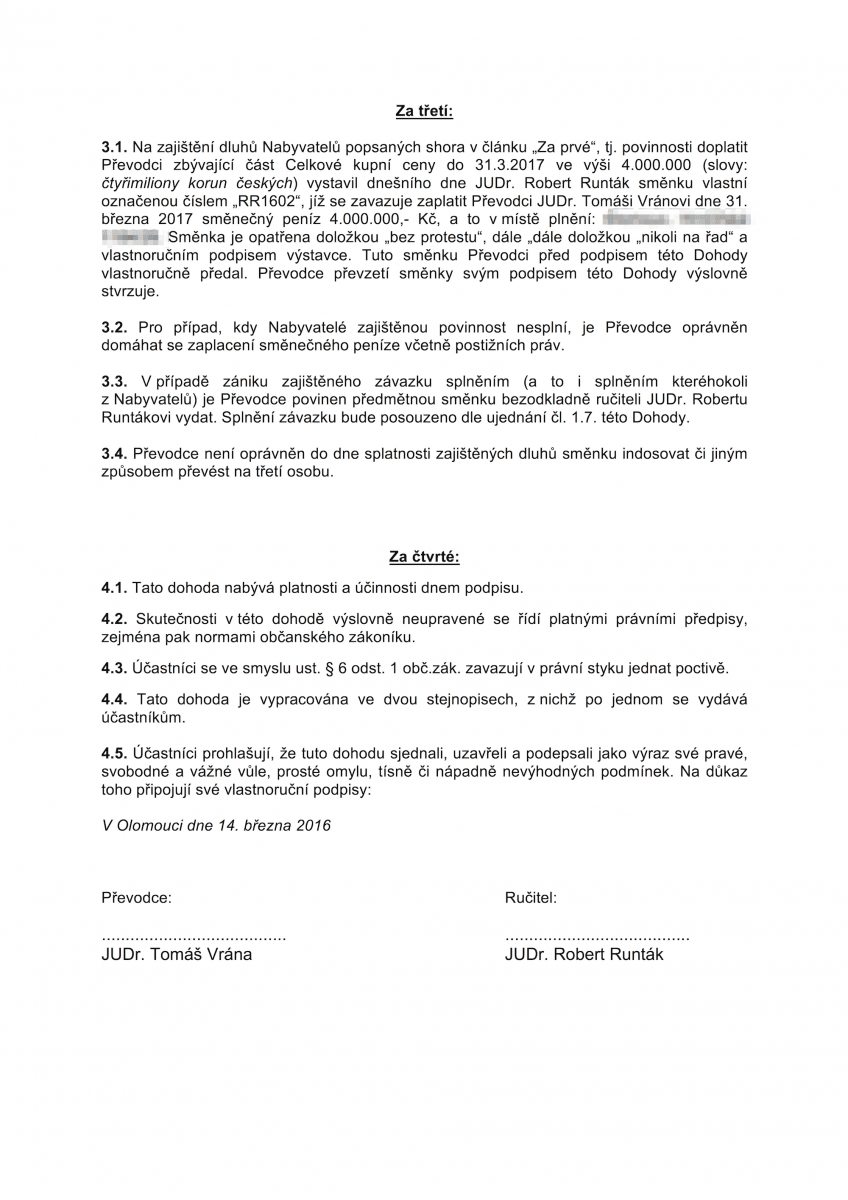 Návrh dohody o převodu majetku mezi JUDr. Robertem Runtákem a JUDr. Tomášem Vránou.