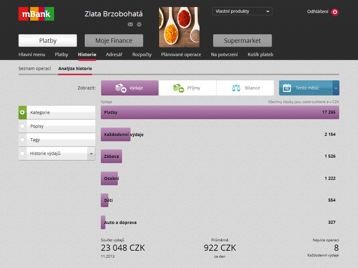 Analýza historie - přehledně zobrazené souhrny transakcí podle jejich popisů, tagů a kategorií.
