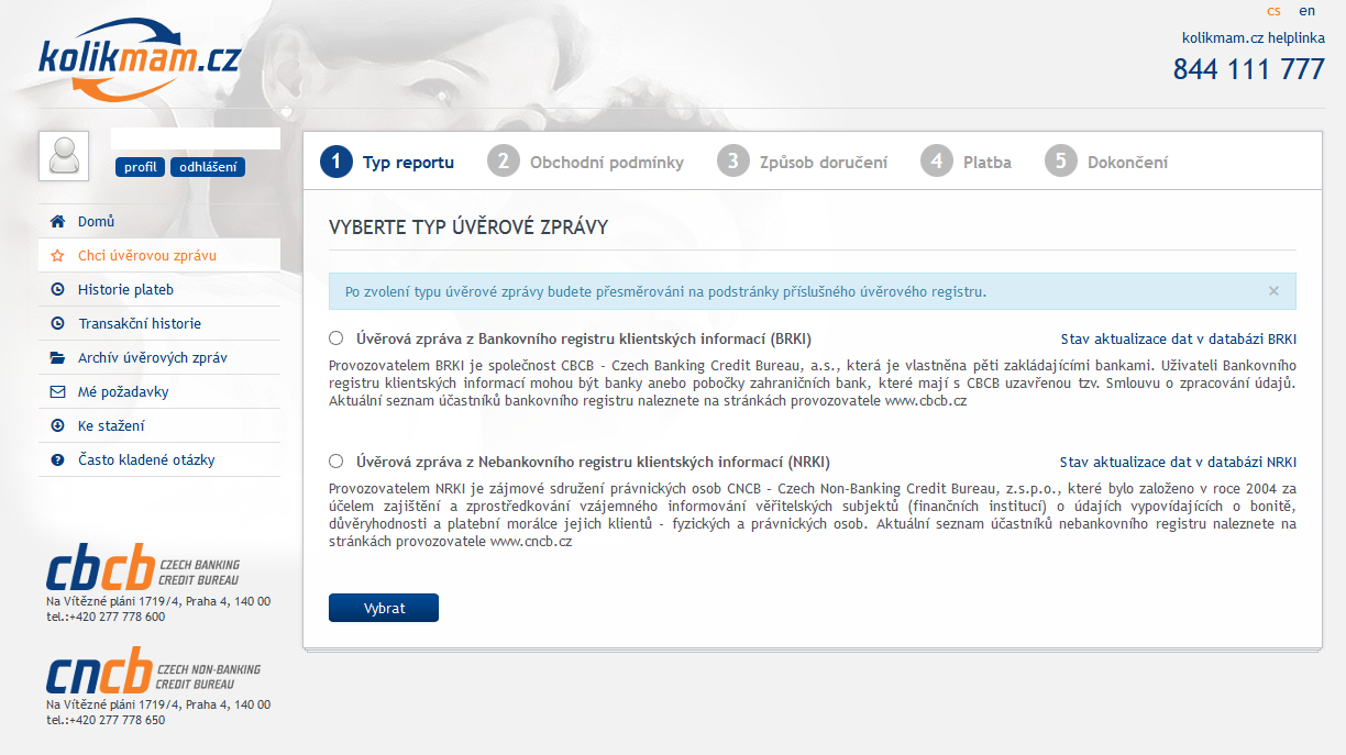 CRIF. Ukázka webového rozhraní pro online výpis z úvěrového registru.