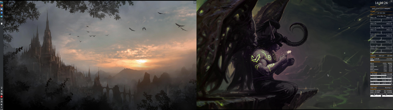 Mám rád minimaličnost a podle toho to také vypadá. KDE, jednodušeji a přehledně nakonfigurované conky, k orientaci v prostředí využívám hlavně krunner.