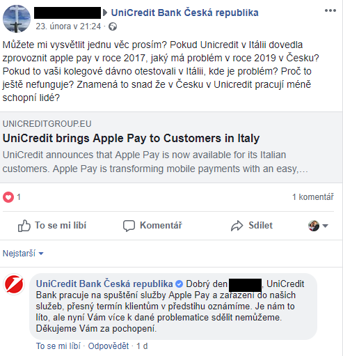 Klienti bank se na sociálních sítí ptají po spuštění Apple Pay