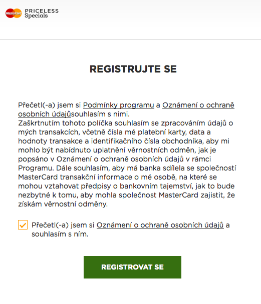 Průběh registrace do věrnostního programu MasterCard Priceless Specials.