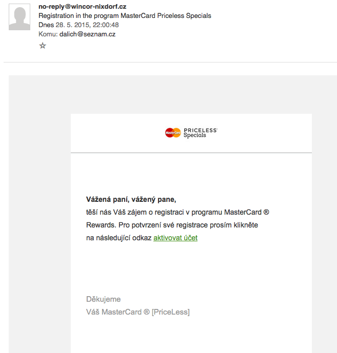 Průběh registrace do věrnostního programu MasterCard Priceless Specials.