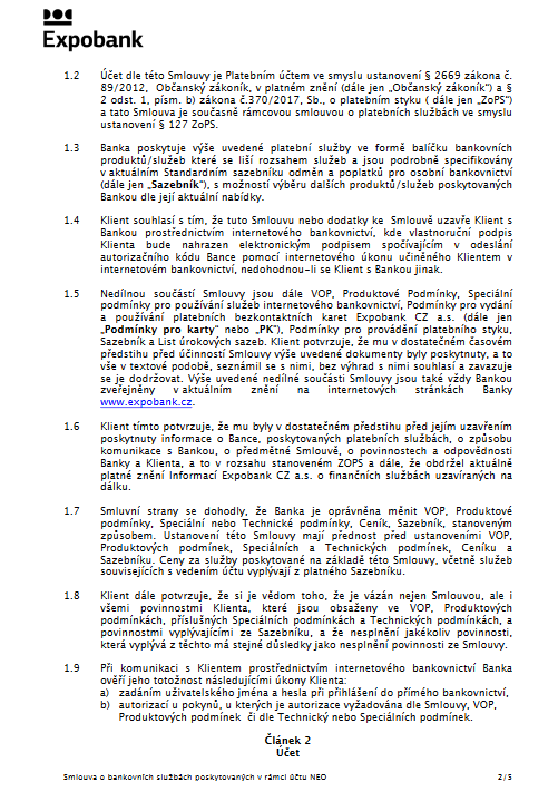 Smlouva, kterou podepisujete s Expobank v rámci otevření NEO účtu.