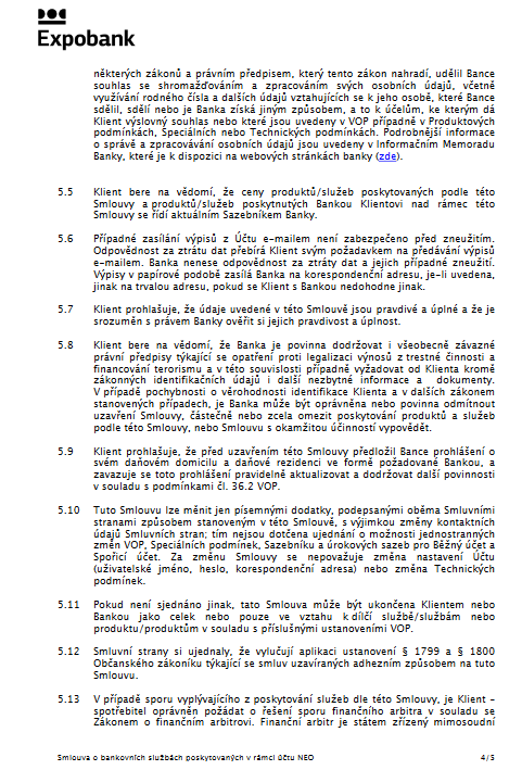 Smlouva, kterou podepisujete s Expobank v rámci otevření NEO účtu.