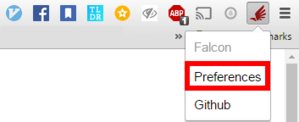 Přidání webu do black-listu se provádí přes volbu Preferences, která se zobrazí po klepnutí na ikonu rozšíření Falcon