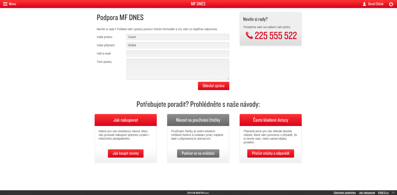 Stránka zákaznické podpory.