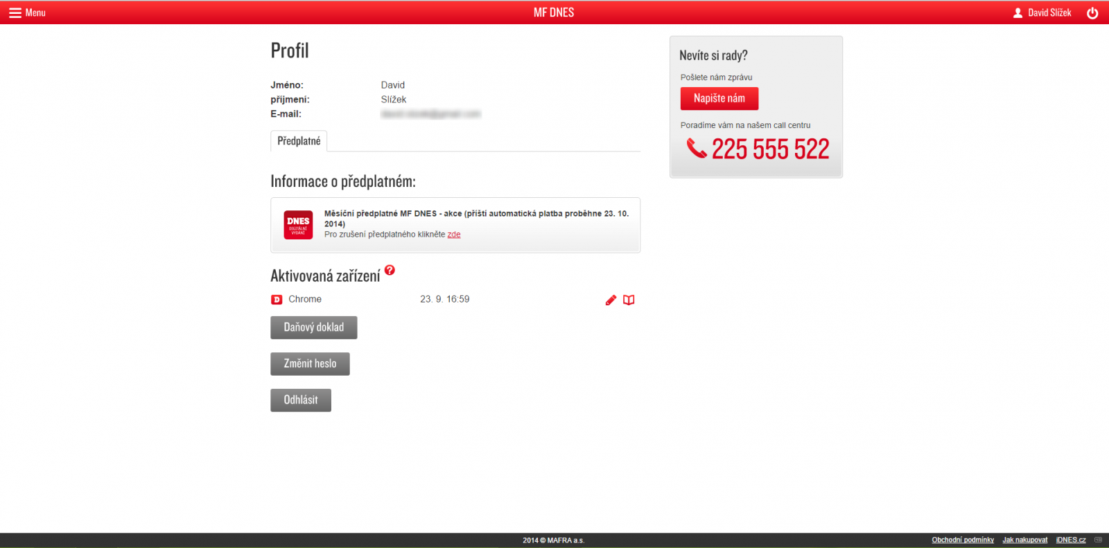 Jednoduchý profil uživatele, kde lze mimo jiné editovat seznam zařízení, na kterých je možné noviny číst. Jeden účet jich má povoleno maximálně pět, je přitom jedno, zda jde o smartphone, tablet nebo desktopový počítač. Na této stránce lze také zrušit předplatné.