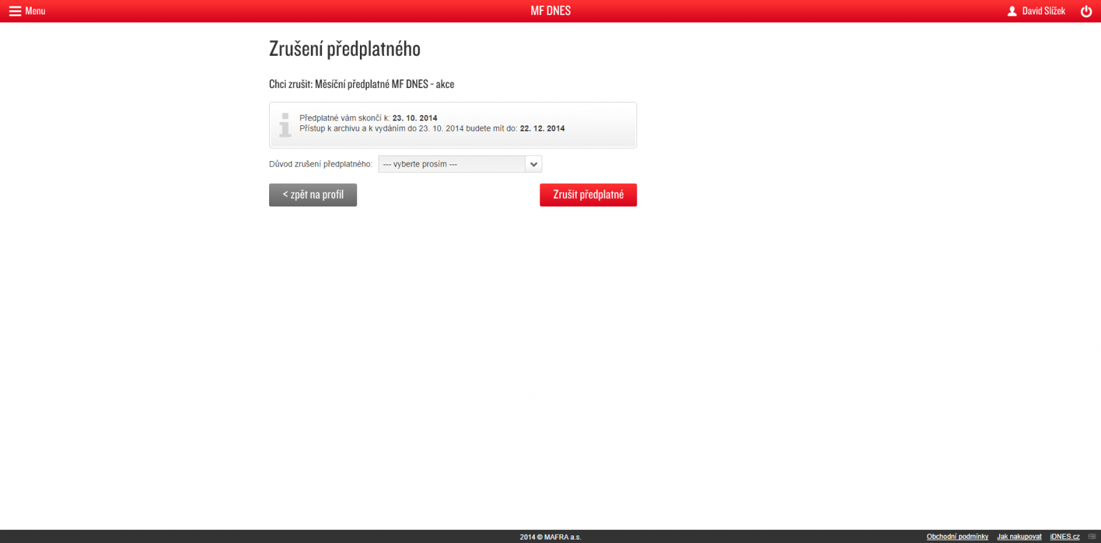 Detail stránky pro zrušení předplatného.
