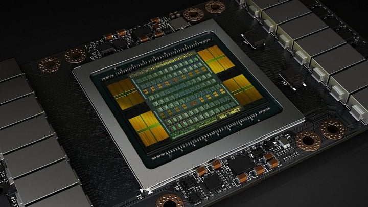 Vizualizace čipu Nvidia GV100 s HBM2 (na PCB modulu SXM2)
