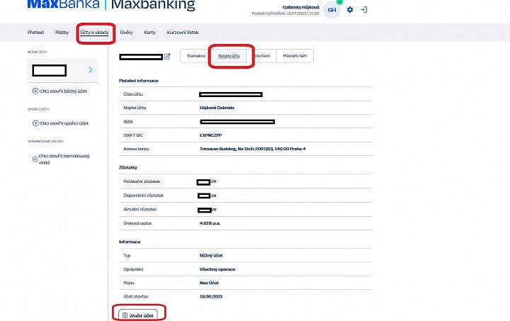 U Max banky zrušíte účet jednoduše v internetovém bankovnictví