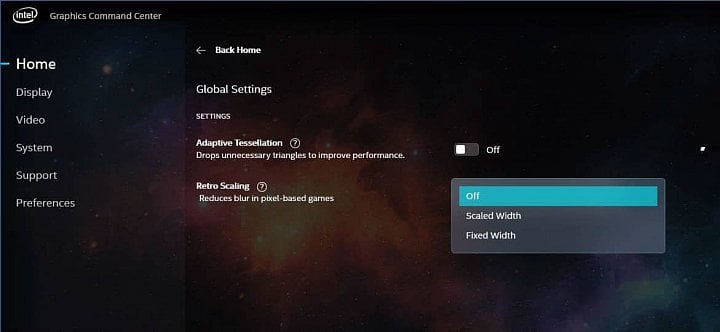 Ovladaci panel Intel retro scaling