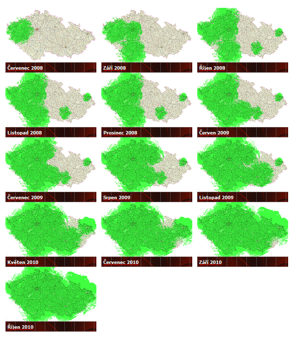 <p>Mapa vývoje pokrytí digitálním signálem České televize</p>