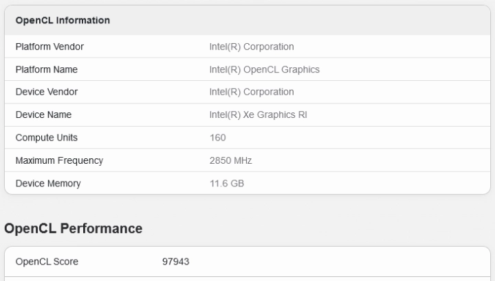 Grafika Intel Battlemage G21 v Geekbench