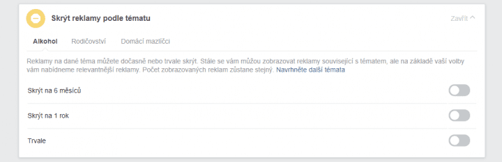 Skrytí některých reklamních témat