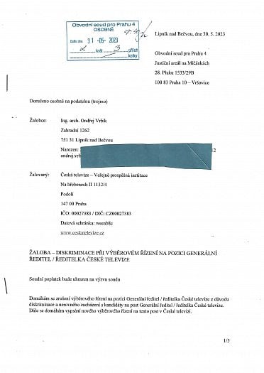 Titulní strana žaloby Ondřeje Vrbíka na Českou televizi